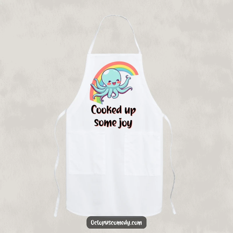 Funny apron with a joyful octopus sliding down a rainbow, ideal for kitchen protection and adding a splash of magical humor as a funny gift.