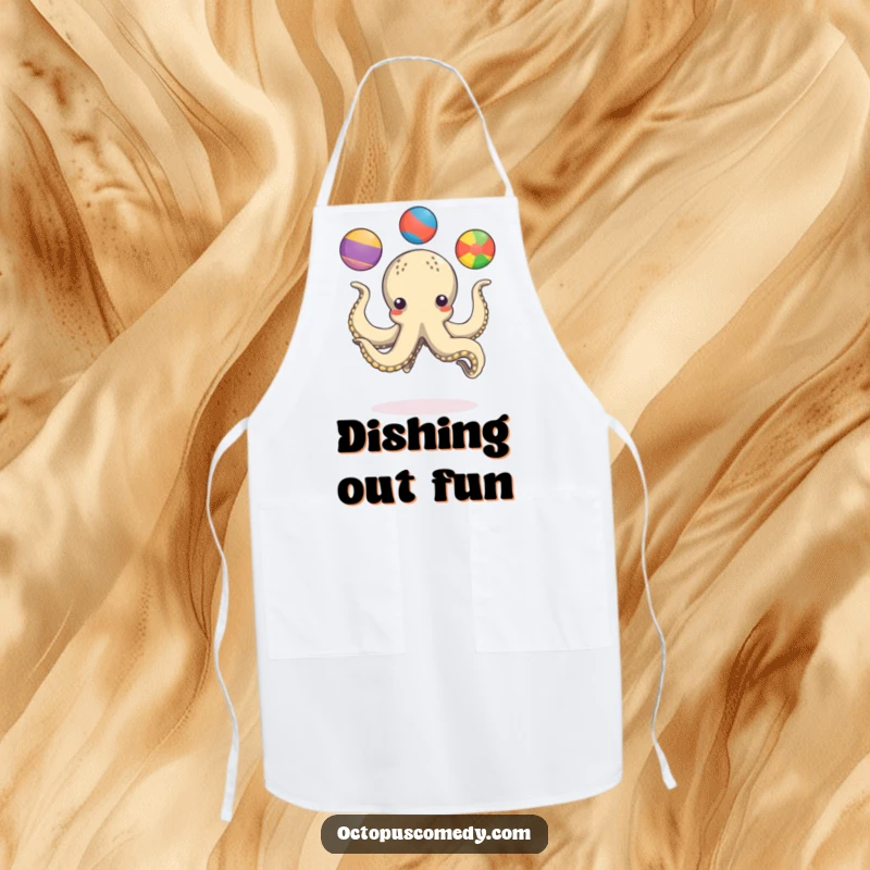 Funny octopus playfully juggling three colorful balls with its tentacles, a humorous and practical apron.