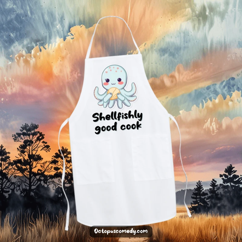 Funny kawaii octopus wearing an apron, blushing and holding a seashell, ready to help in the kitchen.