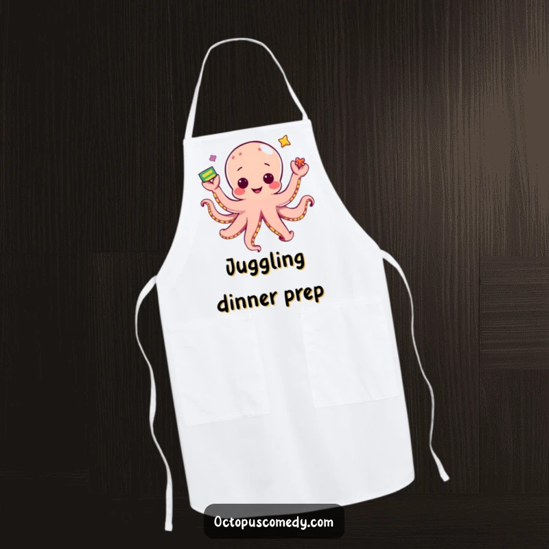Funny kawaii octopus juggling items with its tentacles, a whimsical and functional apron.