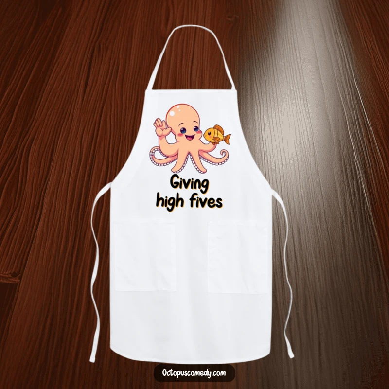 Funny octopus happily high-fiving a fish, a humorous apron for kitchen fun.
