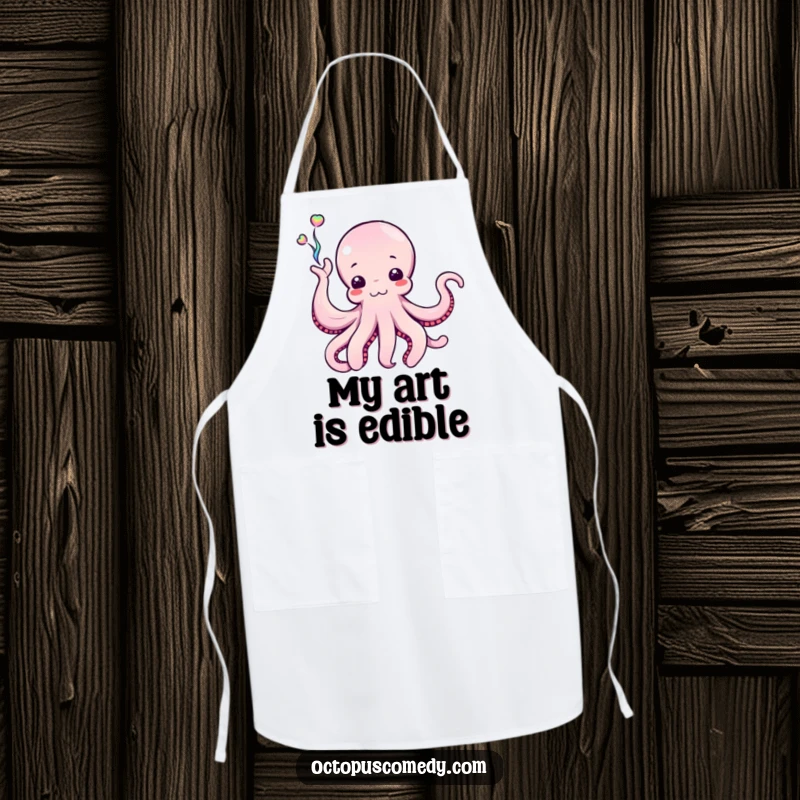 Funny Octopus Apron with a cephalopod enthusiastically waving a stream of iridescent ink, adding artistic fun to kitchen tasks.