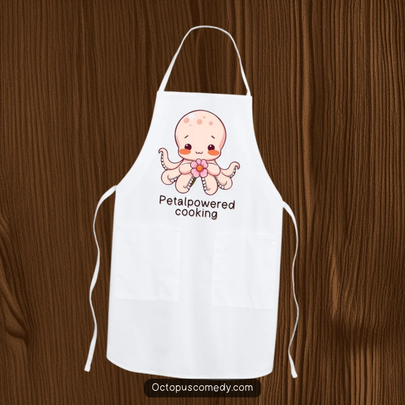 Funny shy octopus blushing with rosy cheeks, holding a flower, ready to protect your clothes while cooking.