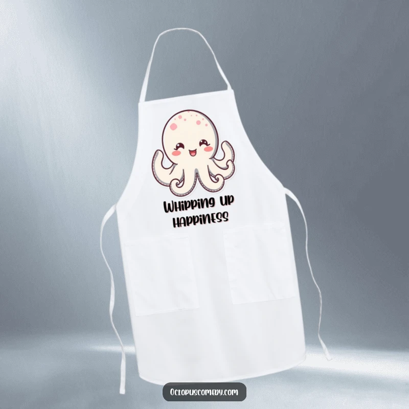 Funny Kawaii Octopus Apron featuring a happy octopus wearing a wide, delighted smile and sparkling eyes, perfect for cheerful cooking sessions.