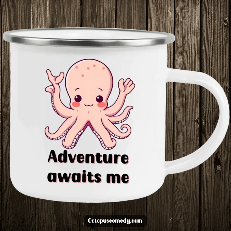 Funny kawaii octopus camping mug with many arms waving hello, perfect for enjoying drinks outdoors with a cute touch.