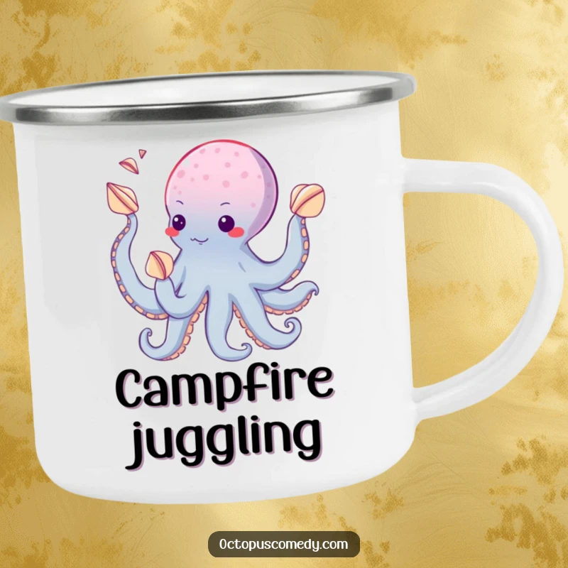 Funny camping mug featuring an octopus juggling seashells with its suckers, perfect for humorous outdoor use.