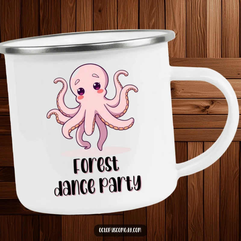 Funny Dancing Octopus Camping Mug, featuring a jubilant octopus dancing with tentacles up, ideal for outdoor enthusiasts.