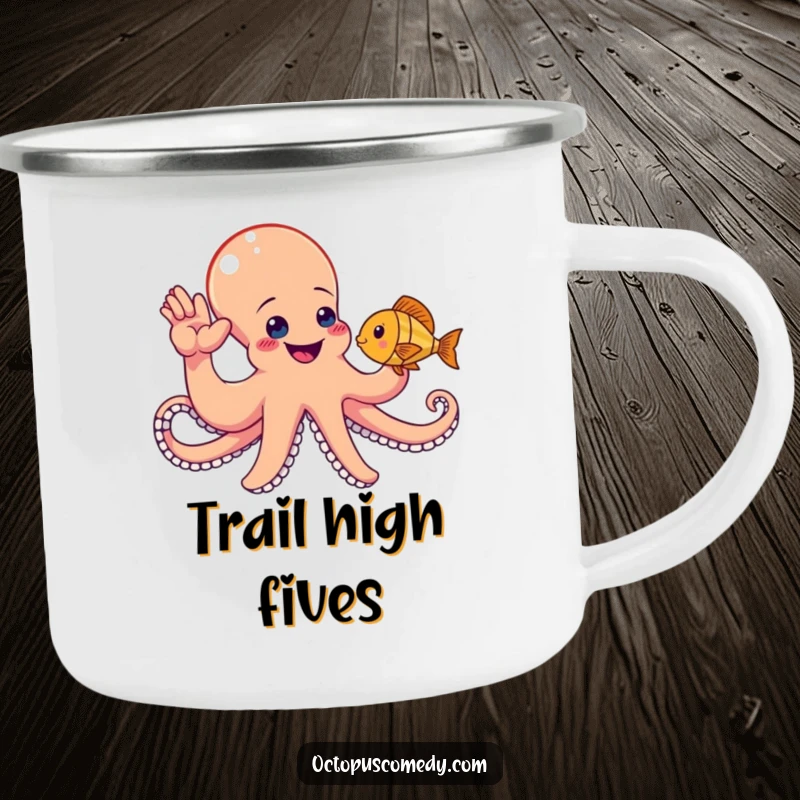 Funny octopus attempting a high-five with a fish, a rugged camping mug for outdoor cheer.