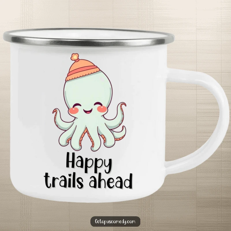 Funny octopus wearing a tiny hat and giggling, a durable and humorous camping mug.