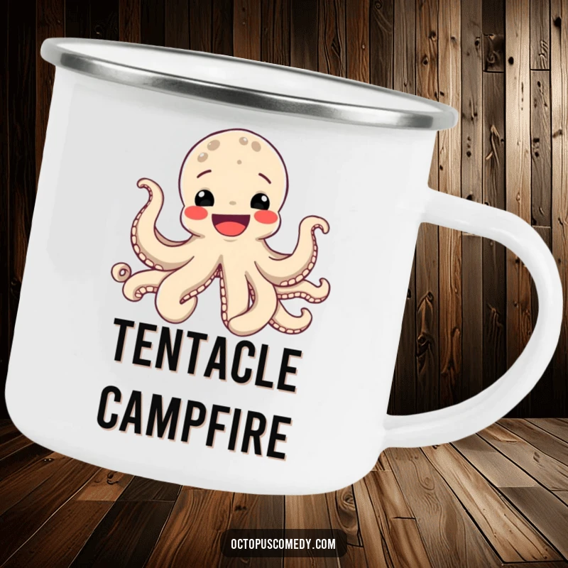 Funny Octopus Camping Mug showing a happy octopus smiling broadly, its eight tentacles waving joyfully.