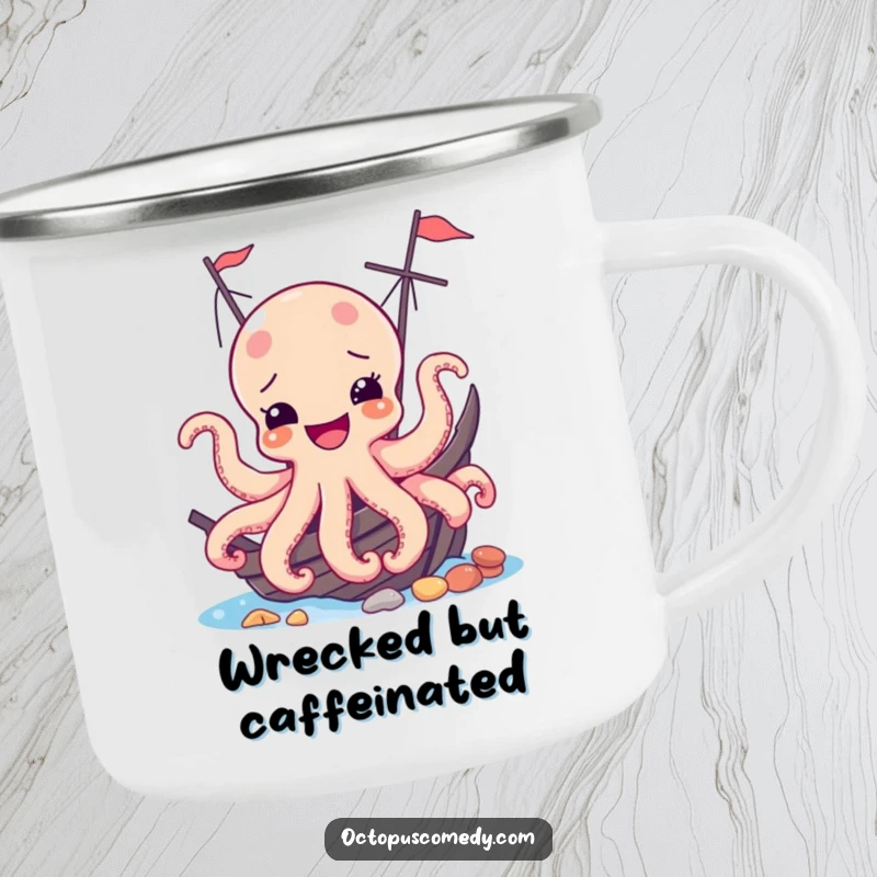 Funny camping mug featuring a happy octopus peeking from a shipwreck, ideal for outdoor use and humorous enjoyment.