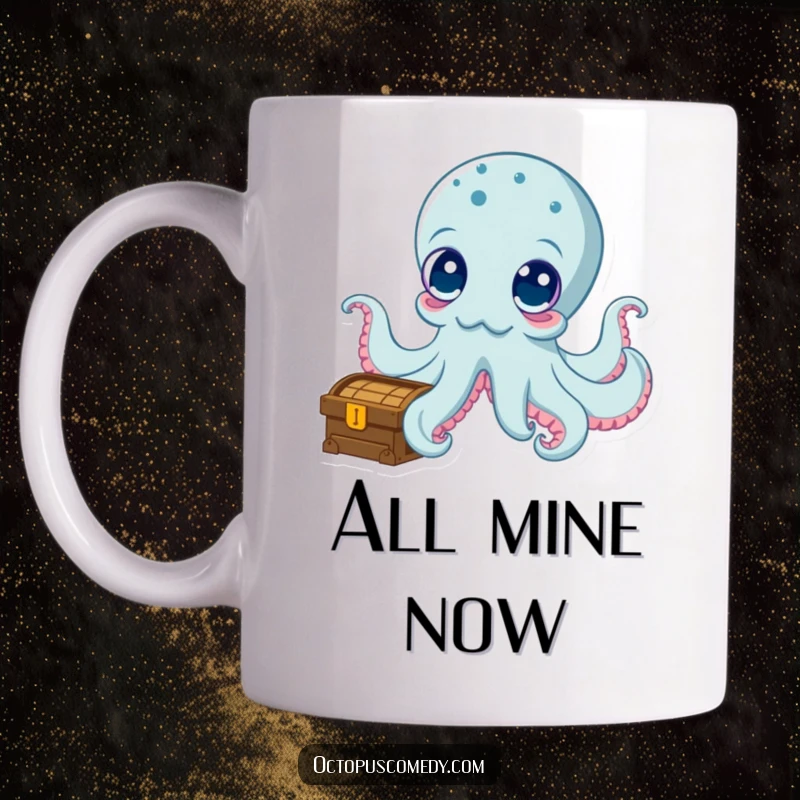 Funny mug featuring an octopus with wide, curious eyes exploring a mystical treasure chest, evoking a sense of wonder and humor.