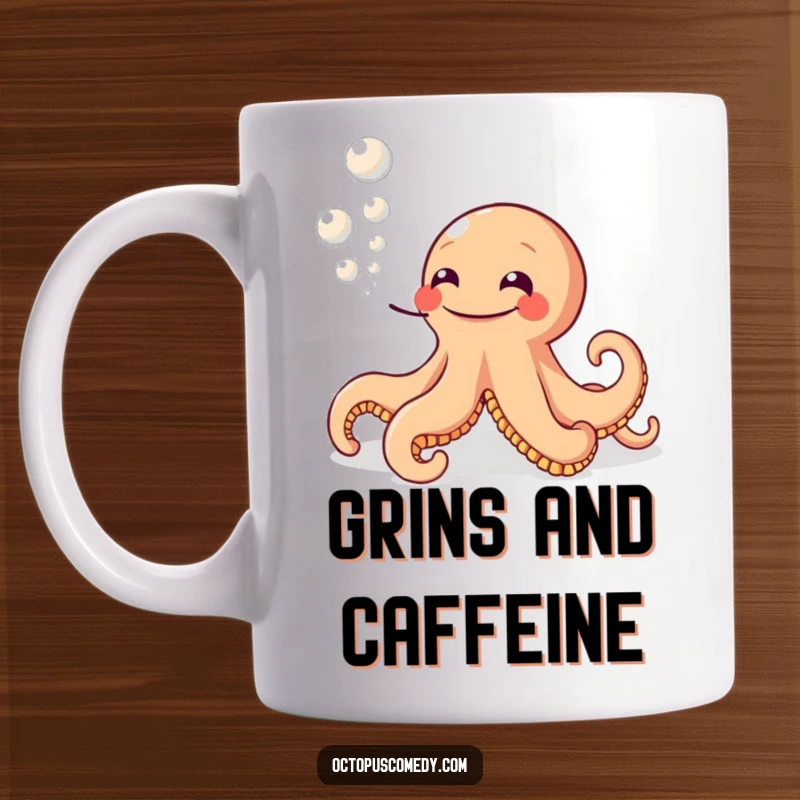 Funny mug featuring a grinning octopus blowing a trail of ink bubbles, conveying pure joy and a humorous vibe.