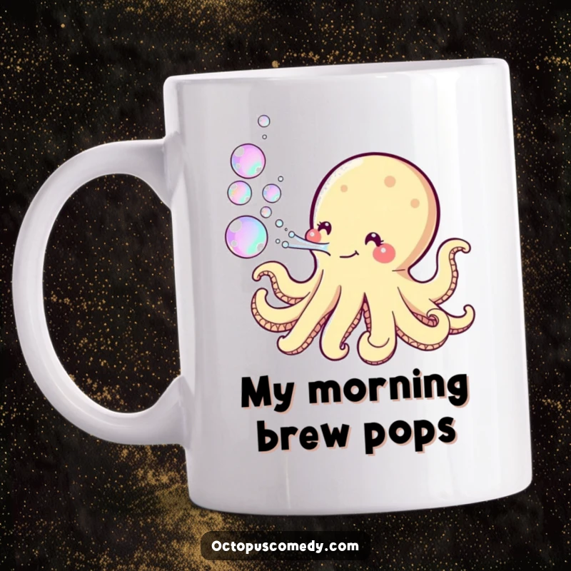 Funny Kawaii Octopus Mug featuring a playful octopus artistically blowing a stream of shimmering, iridescent bubbles, spreading joy with every sip.