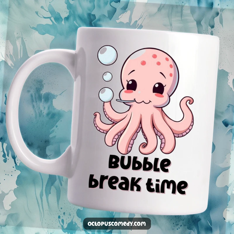 Funny mug showcasing a comical octopus playfully blowing a stream of bubbles with a silly expression, celebrating underwater amusement.