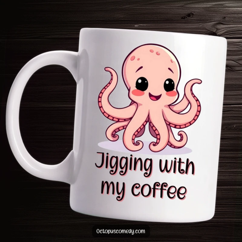Funny mug featuring a jubilant octopus enthusiastically doing a jig, its eight tentacles moving merrily to an imaginary beat.