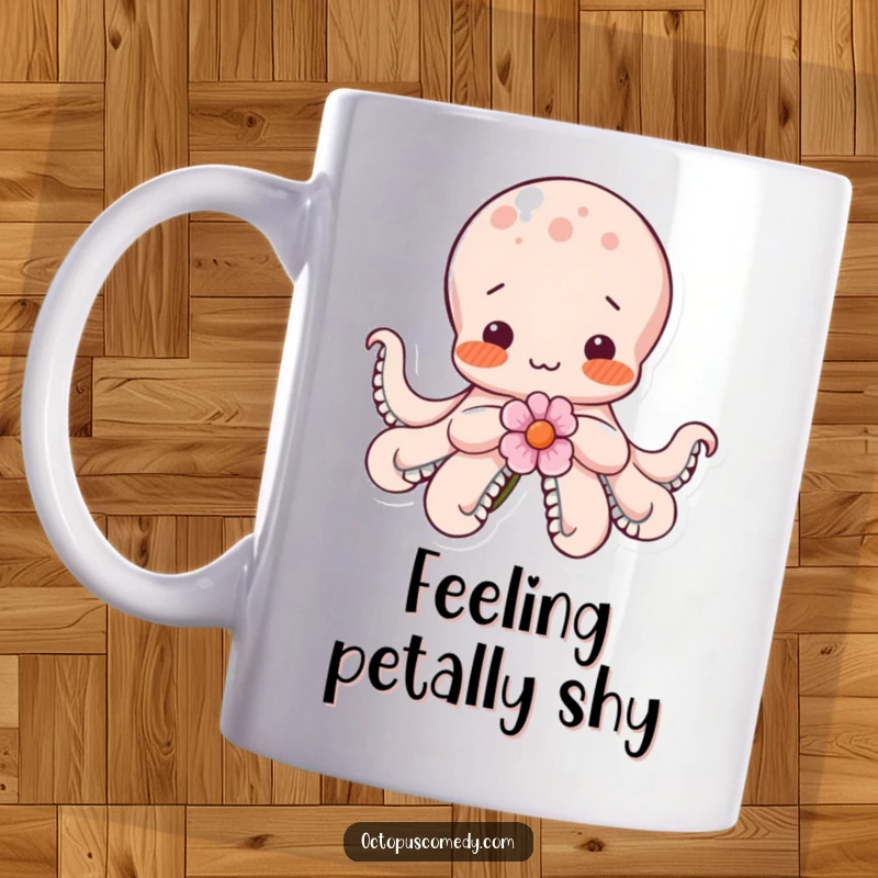 Funny shy octopus blushing with rosy cheeks, holding a delicate flower, looking sweet and bashful on a mug.