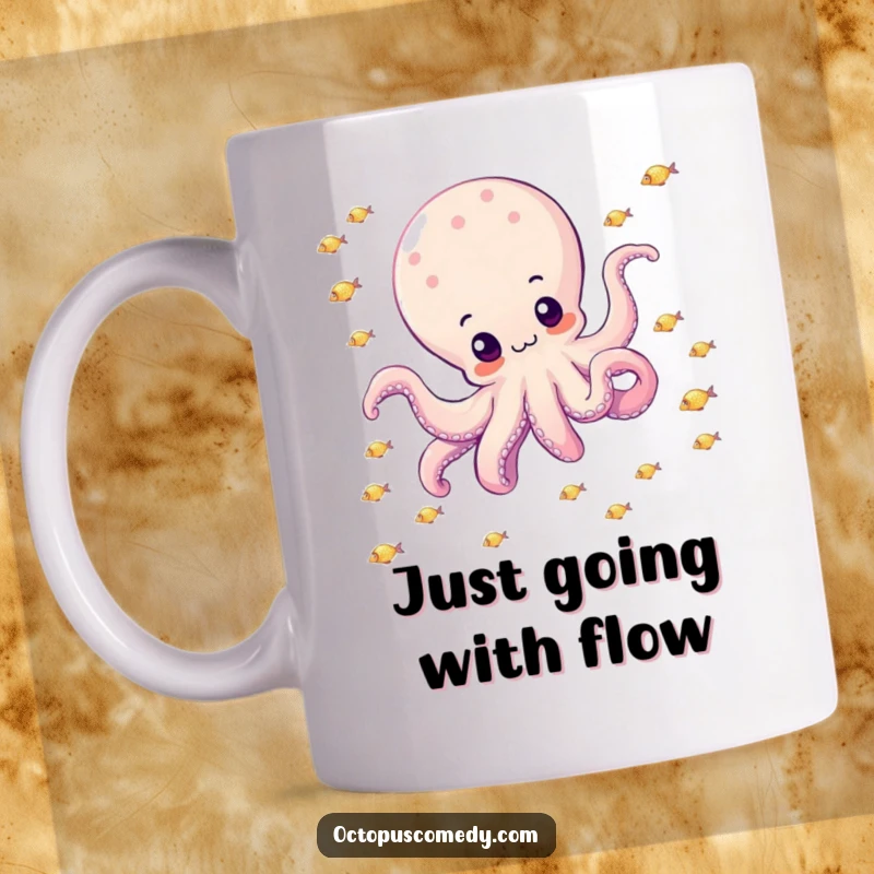 Funny octopus happily drifting through a school of small, sparkly fish on a mug, representing peace and wonder, great gift.