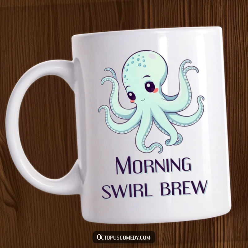 Funny octopus gracefully performing a swirling underwater dance, depicted in fluid motion on a mug.