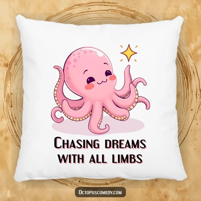 Funny Octopus Pillow: A soft cushion displaying a funny octopus with arms outstretched, in pursuit of a tiny, animated sparkle.