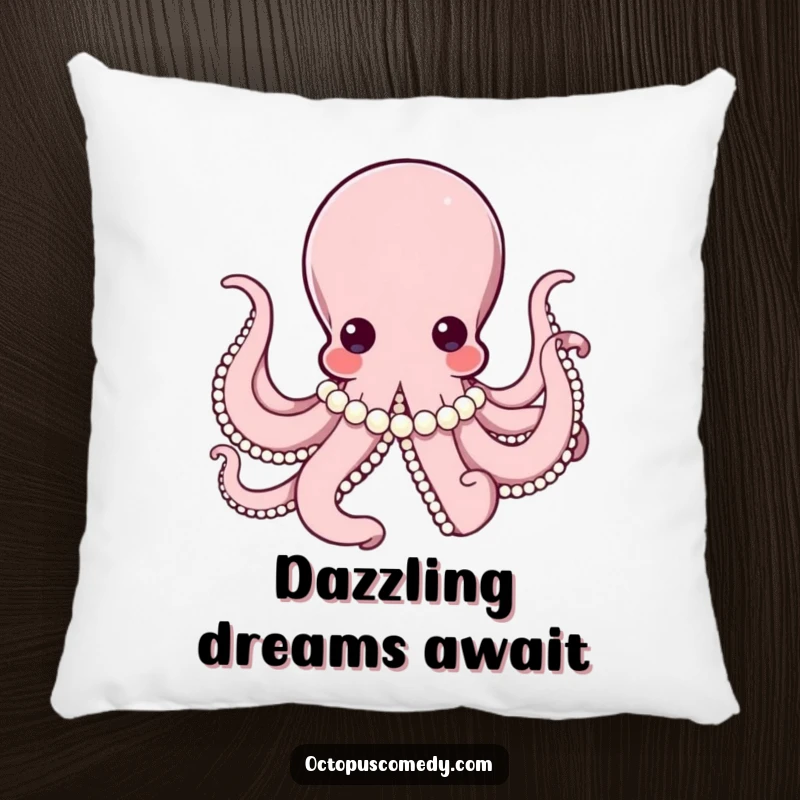 Elegant octopus wearing a string of pearls, looking sophisticated on a decorative pillow, adding luxury to your space.