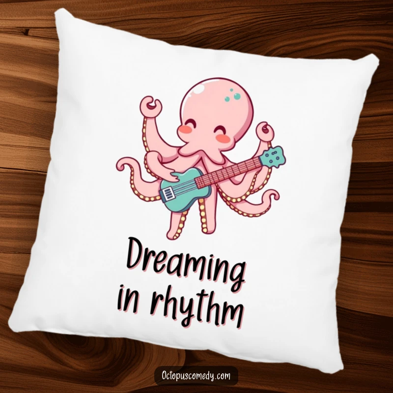 Funny octopus pillow with eight arms playing a musical instrument, perfect for adding musical cheer and comfort.