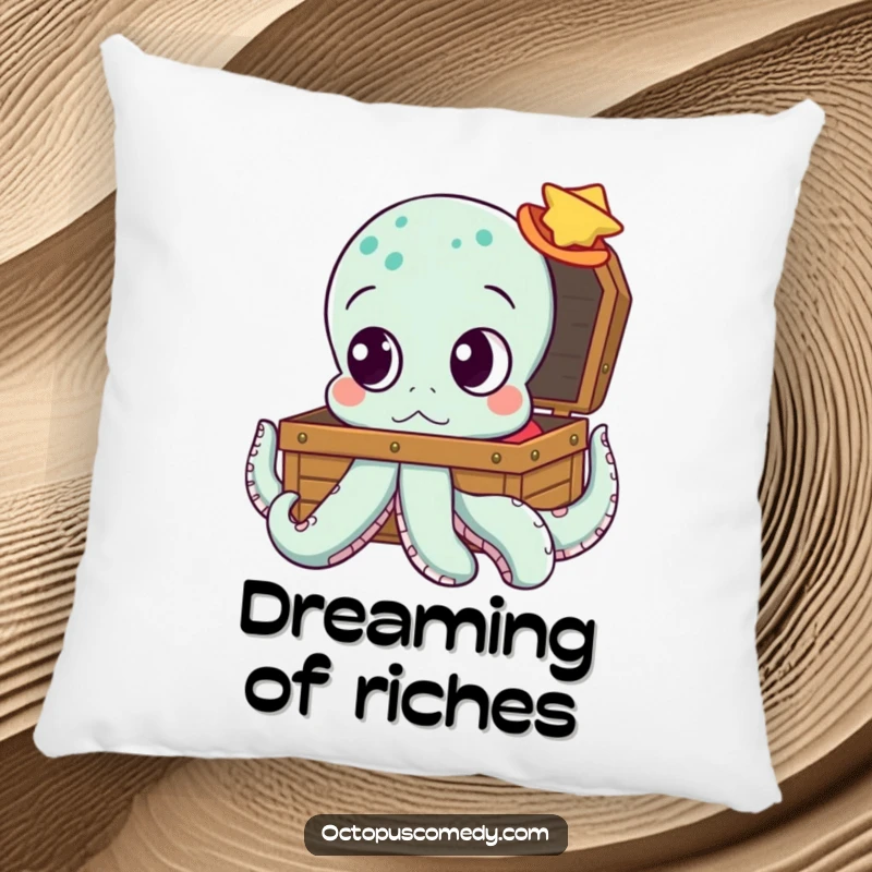 Funny octopus pillow with big, curious eyes looking at a treasure chest, perfect for adding cozy mystery.