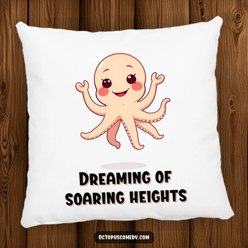 Soft funny kawaii octopus pillow with a silly grin, jumping pose, cozy and cheerful accent gift.