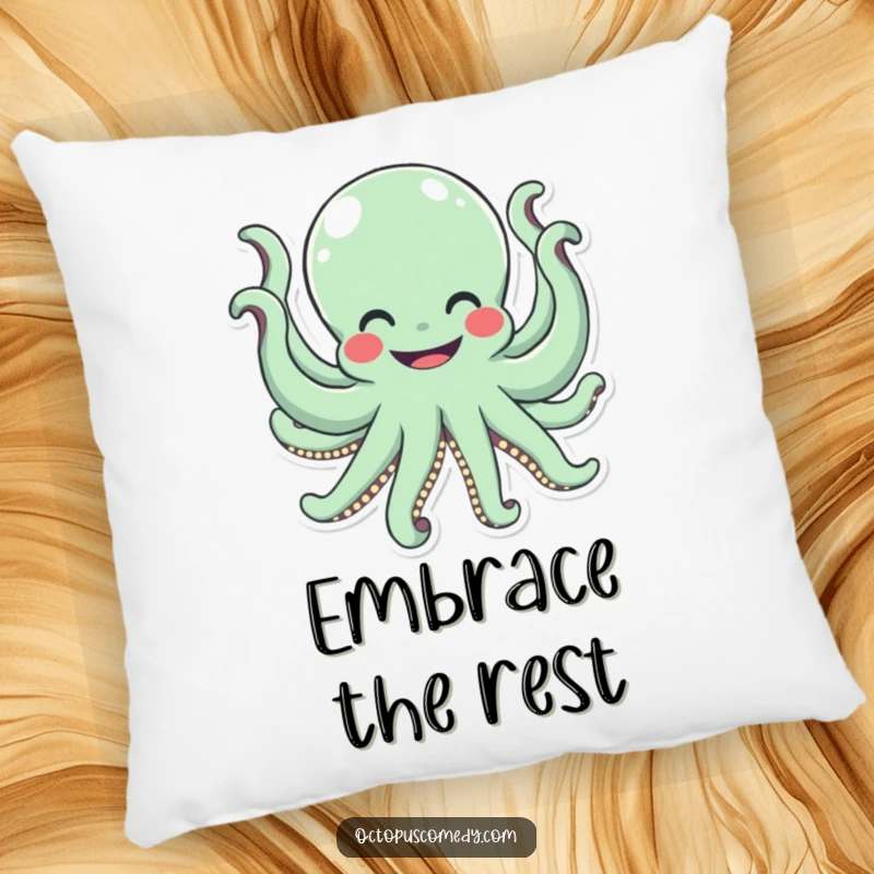 Funny octopus with a wide smile waving all eight arms, a soft and humorous decorative pillow.