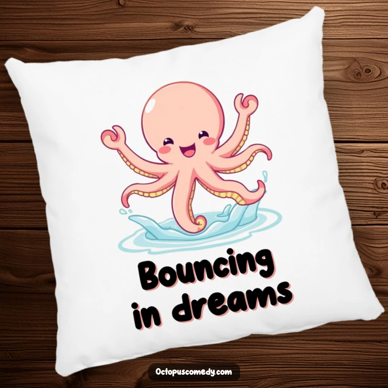Funny bouncy octopus leaping with glee out of the water, designed as a soft and fun decorative pillow.