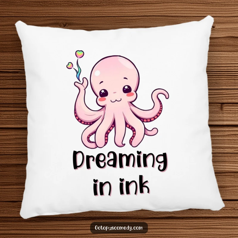 Funny Octopus Pillow featuring a cephalopod enthusiastically waving a stream of iridescent ink, adding artistic flair and comfort.