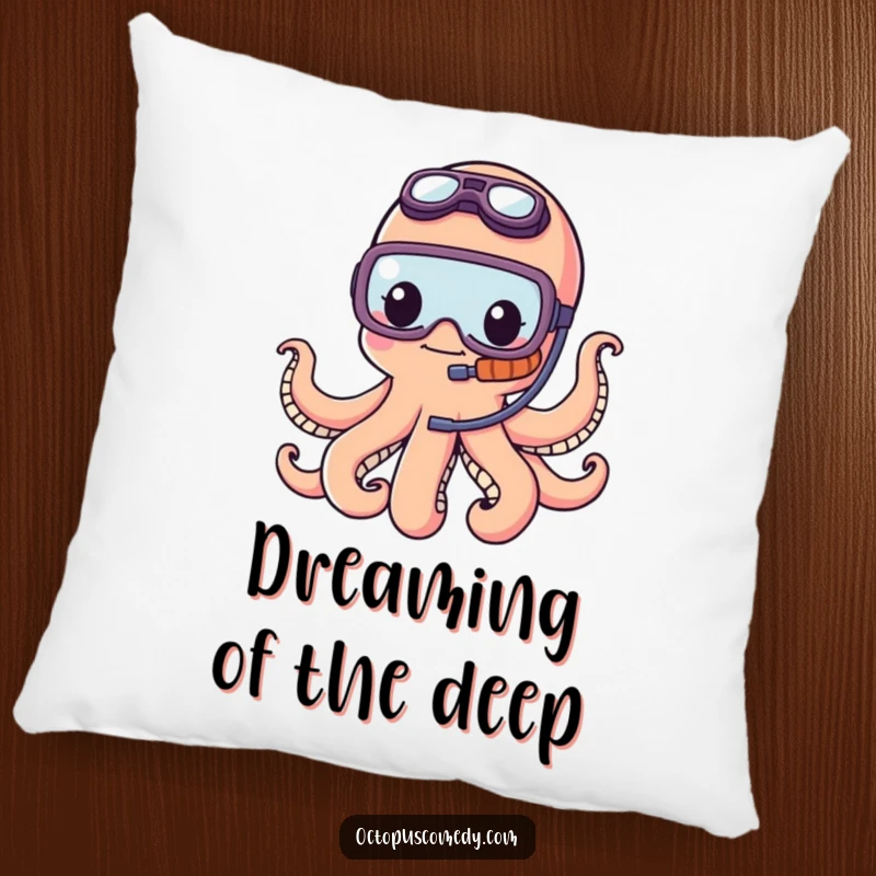 Funny kawaii octopus wearing a tiny snorkel, looking adventurous and cozy on this soft decorative pillow, ideal for ocean lovers.
