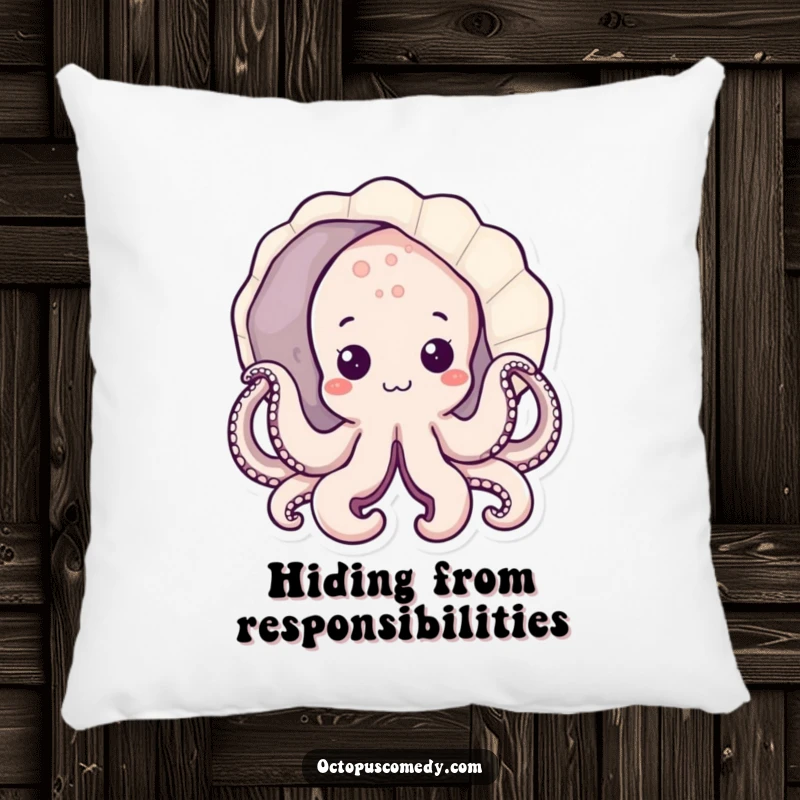 Funny kawaii octopus pillow peeking from a seashell, soft and cozy ocean accent gift.