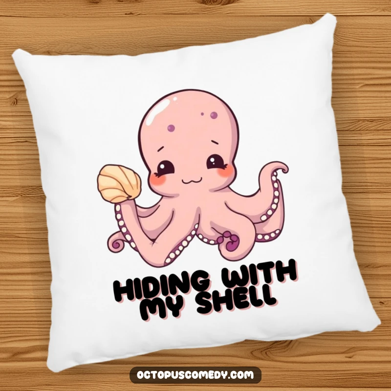 Funny pillow with a shy octopus presenting a seashell, offering soft comfort and a touch of ocean-themed humor as a funny gift.