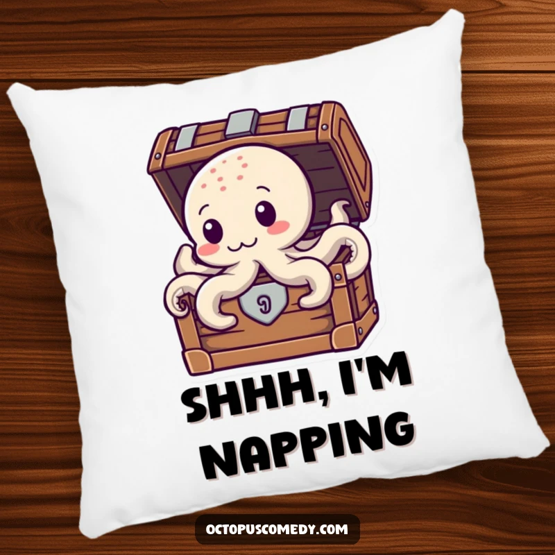 Funny Treasure Octopus Pillow, depicting a cute octopus peeking from a treasure chest, perfect for adding quirky comfort.