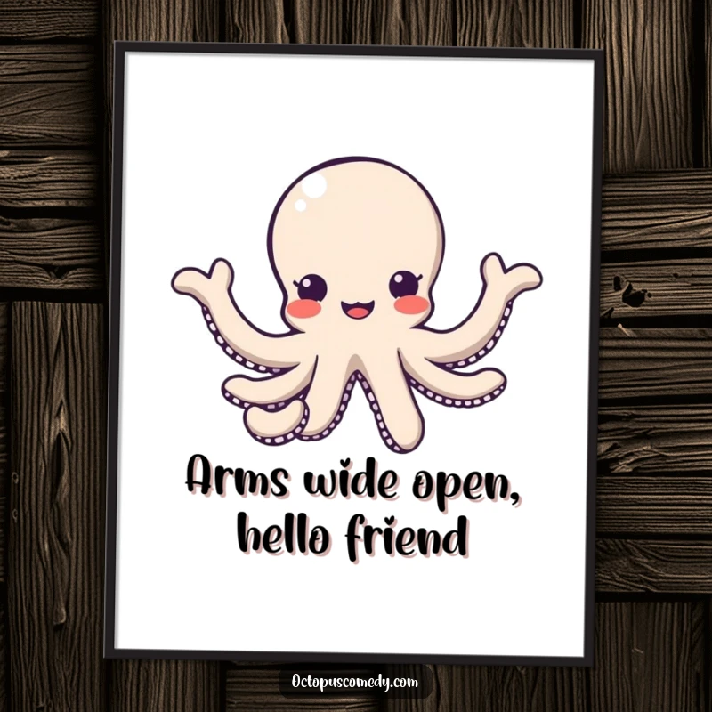 Funny kawaii octopus with arms reaching out in a friendly gesture digital art print, instant welcoming gift.