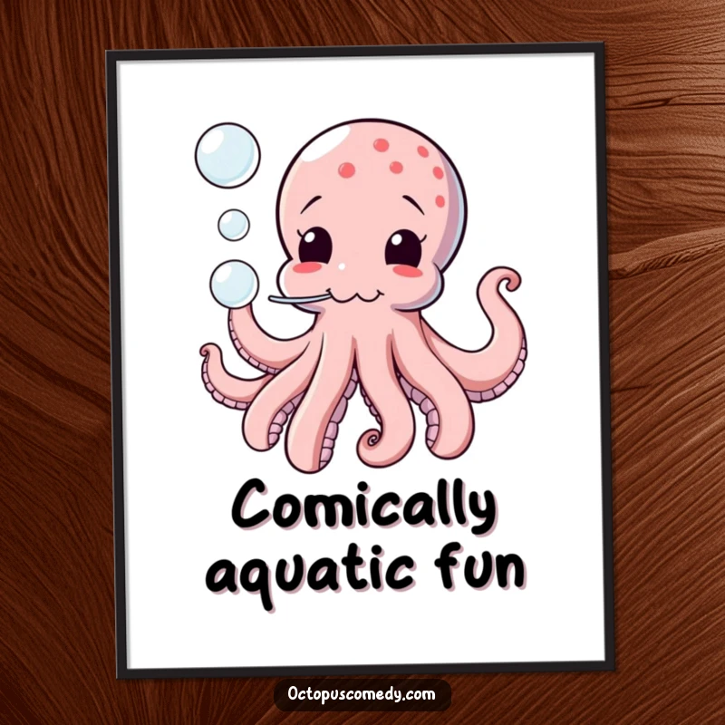 Funny digital art print of a comical octopus playfully blowing bubbles, providing instant decor and humor.