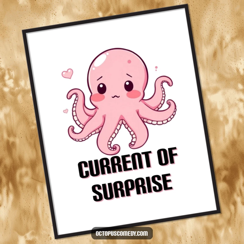 Printable funny digital art of a surprised octopus blushing in a current, offering instant humorous decor and a unique gift.