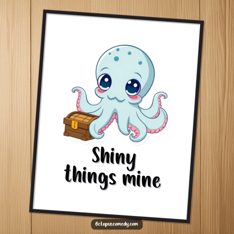 Funny digital art print of a curious octopus with wide eyes exploring a treasure chest, ideal for humorous digital decor.