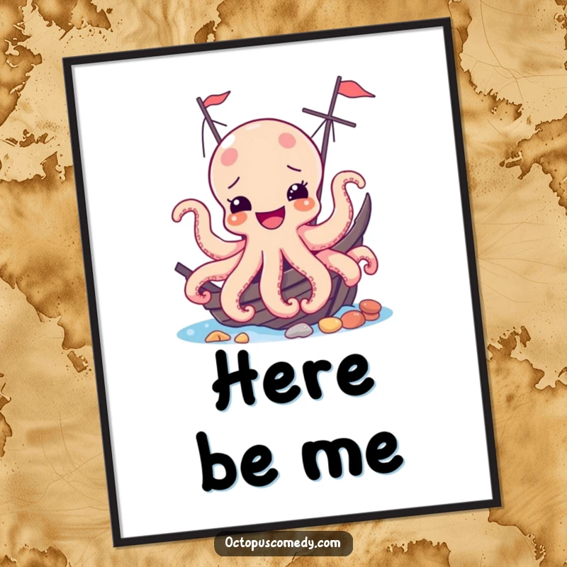 Funny digital art print of a joyful octopus peeking from behind a shipwreck, perfect for humorous digital displays.