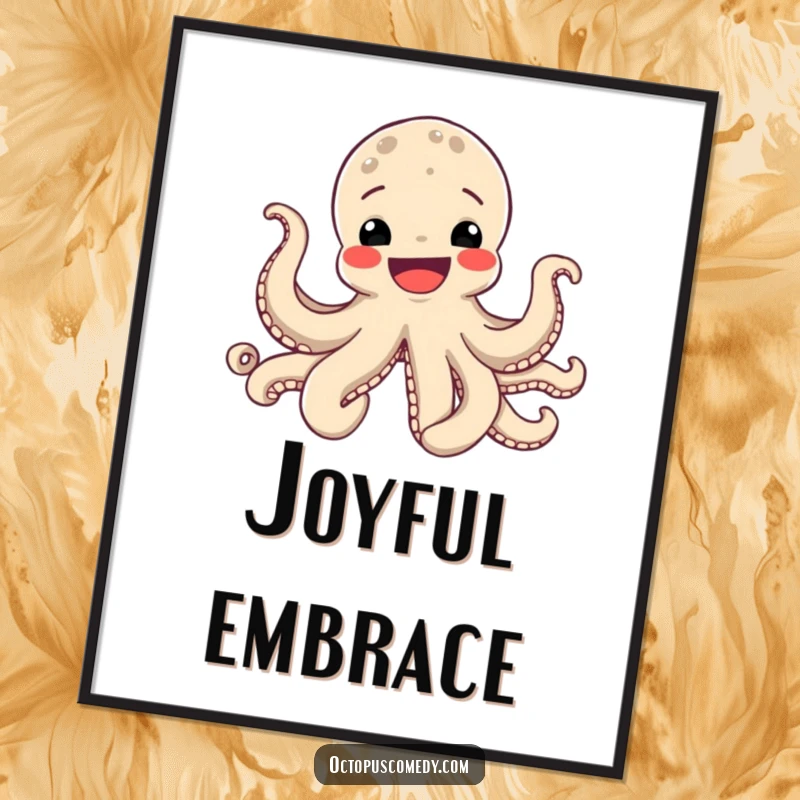 Funny Octopus Digital Art Print showing a wide-smiling octopus with all eight tentacles outstretched in a joyful display.