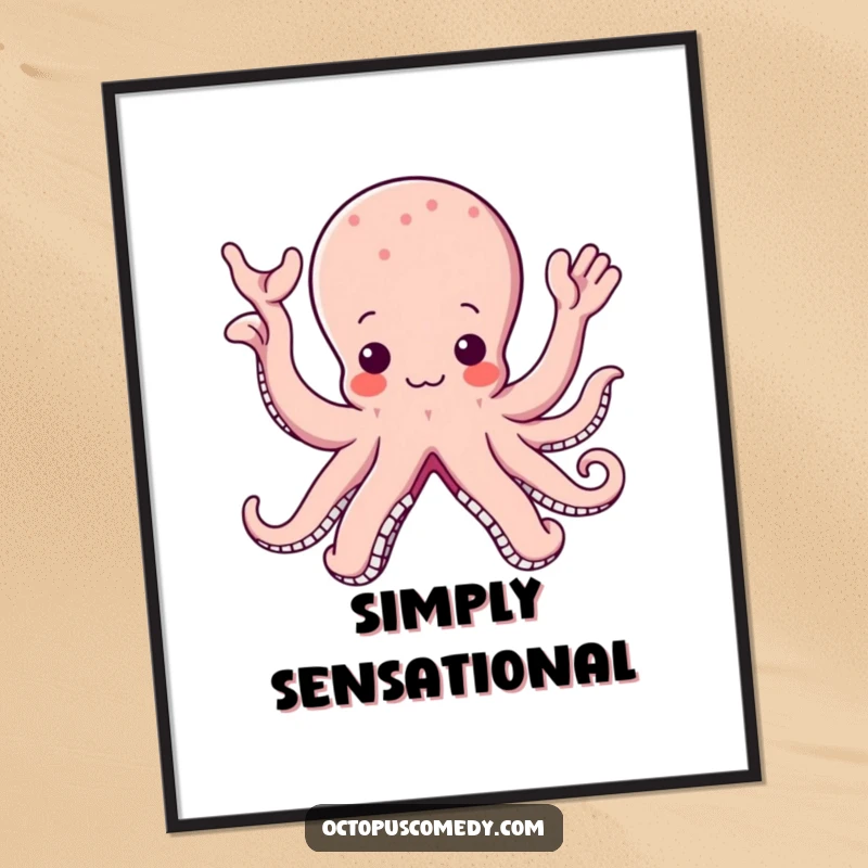 Funny digital art print of a kawaii octopus with numerous arms happily waving, adding a cheerful and cute touch to wall decor.