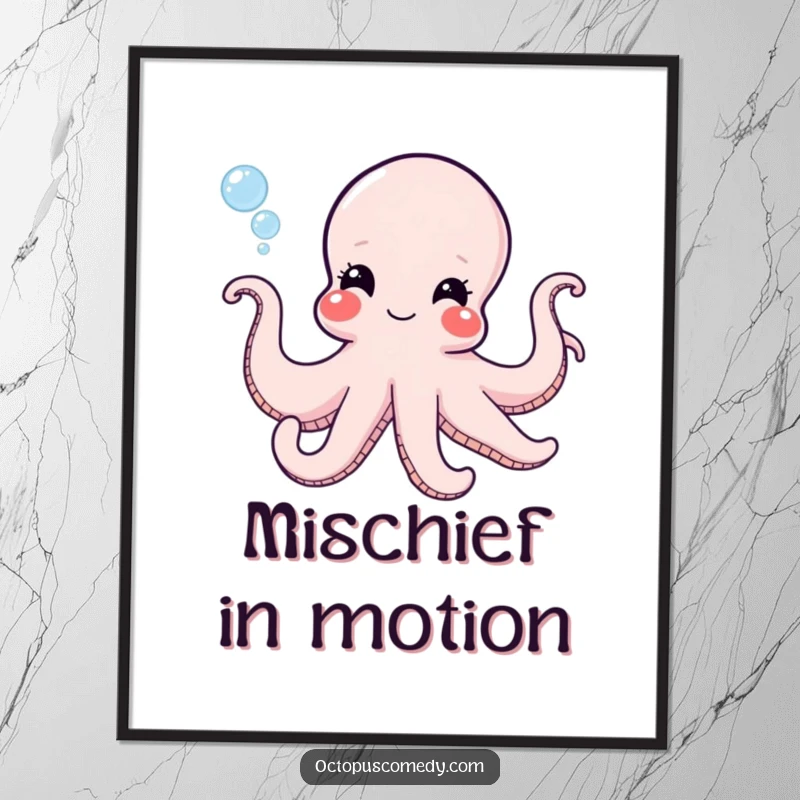 Funny octopus with a mischievous grin blowing bubbles, printable digital art for humorous ocean-themed wall decor.