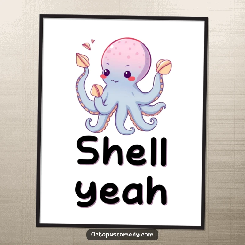 Funny digital art print of an octopus juggling seashells with its suckers, ideal for humorous digital displays.