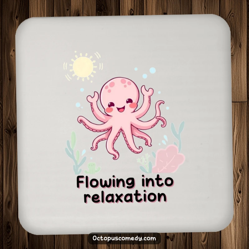 Funny kawaii octopus doing a joyful underwater dance coaster, protecting surfaces, fun gift.