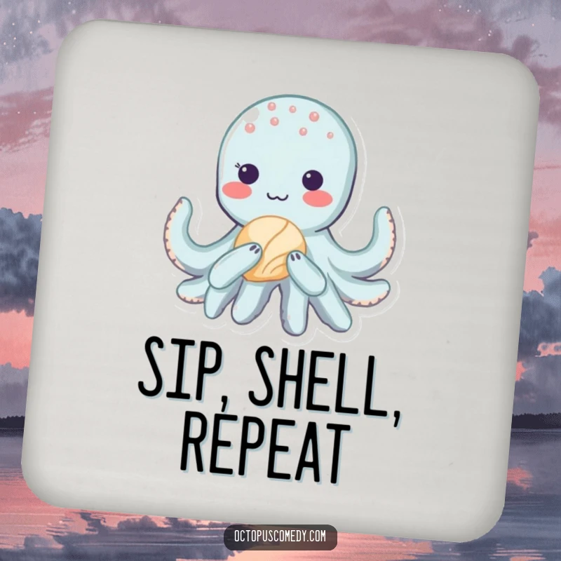 Funny kawaii octopus character with a shy blush, holding a seashell, on a drink coaster for surface protection.
