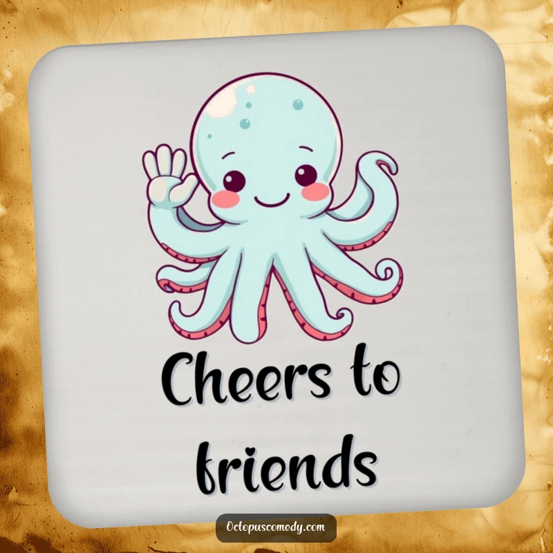 Funny octopus coaster with multiple arms waving hello, providing a friendly touch to surface protection.