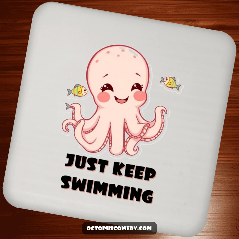 Funny octopus coaster showing a joyful octopus playfully chasing tiny fish, protecting surfaces with style.