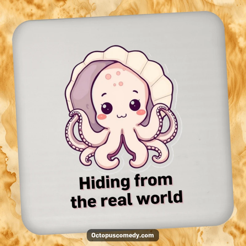 Funny kawaii octopus peeking from a seashell coaster, protects surfaces, cute ocean gift.