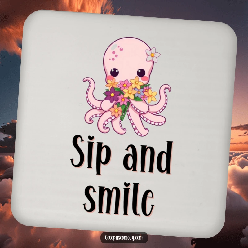 Kawaii Octopus Flower Coasters, showing a cute octopus with sea flowers, protecting surfaces with sweetness and style.